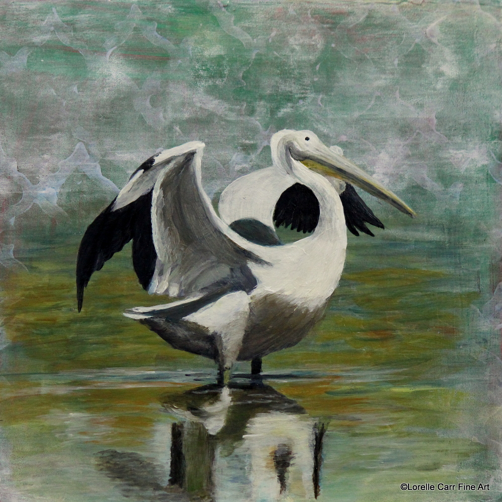 Day 8, White Pelican, acrylic on a 6 X 6 Cradle Board. $68.00