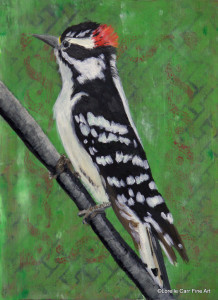 Day 34 - Downy Woodpecker, Acrylic on 6 X 8 Cradle Board, $92.00.